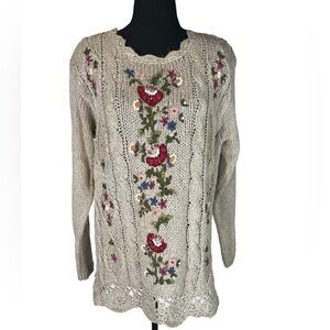VTG Bobbie Brooks Sweater Women’s Size M Hand Knitted Floral Taupe Long Sleeves